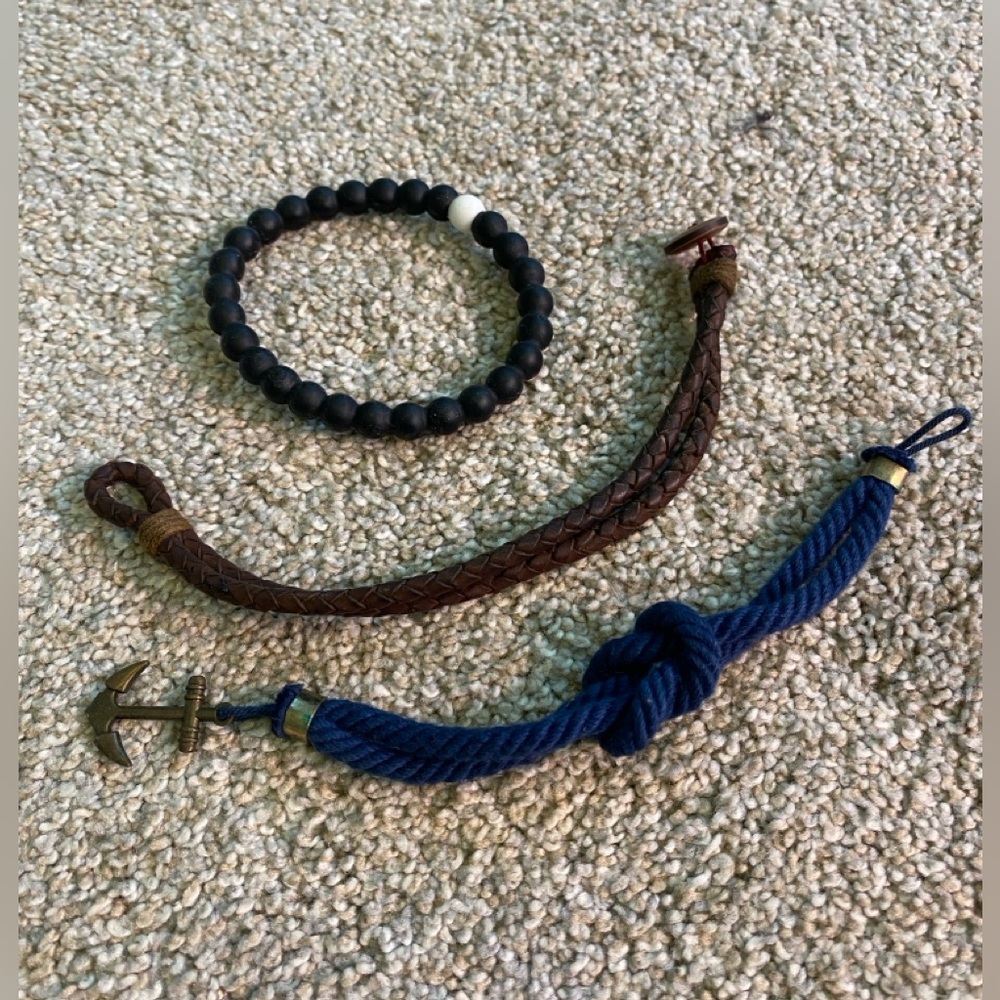 Lokai Nautical 3 Bracelet Set w/ Navy Anchor & Brown Leather Braid